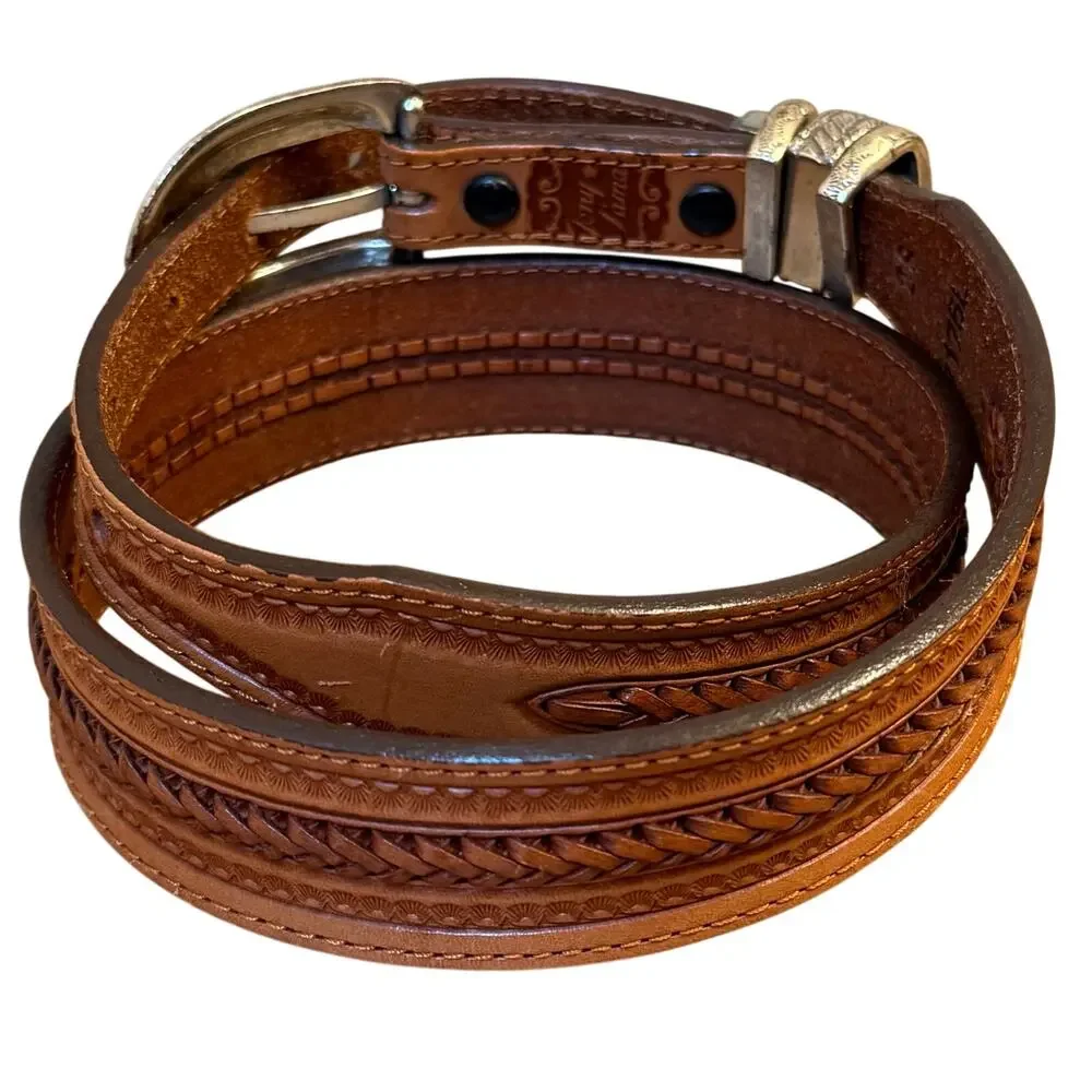 Tony Llama Western Belt Leather Braided Embossed Silver Buckle Cowboy Size 28